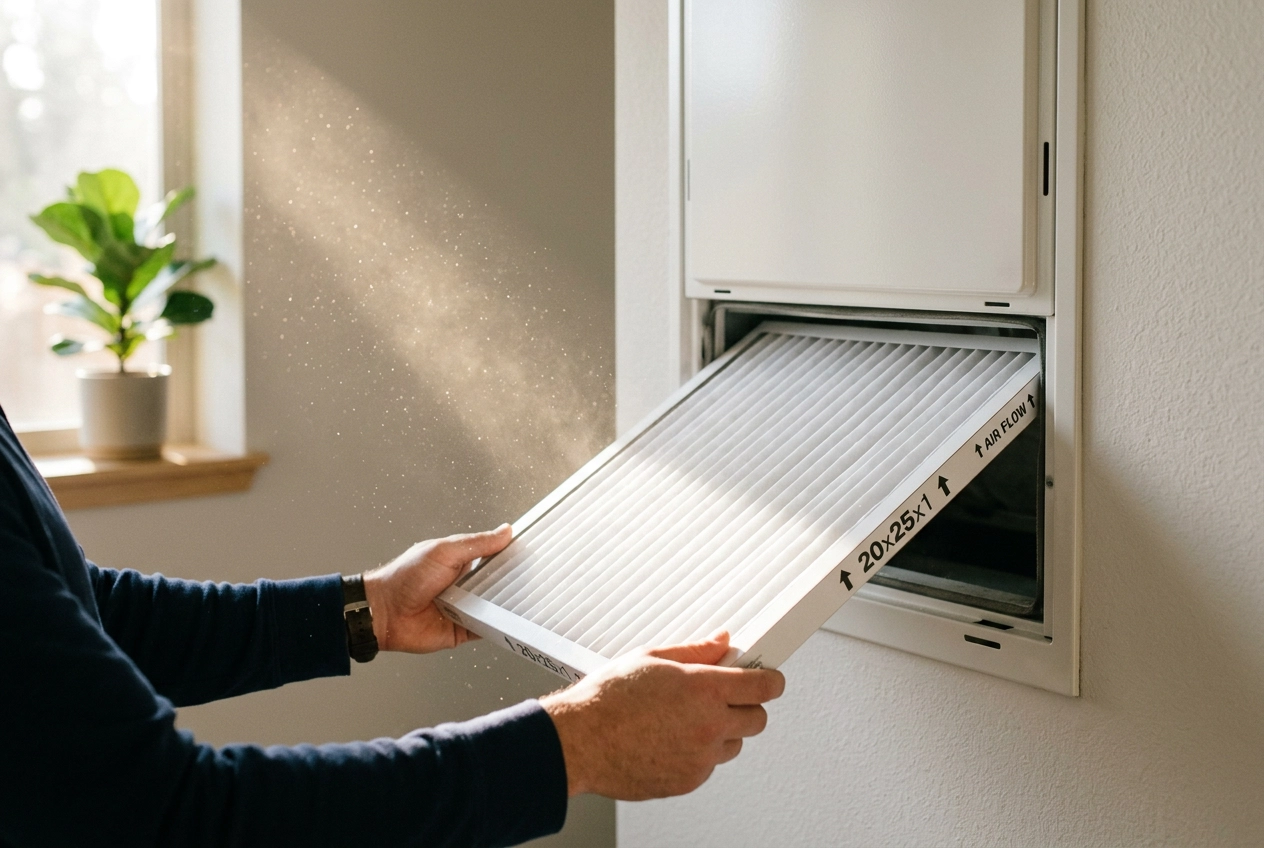 Clean pleated air filter being installed