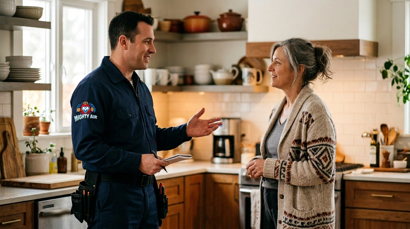Technician talking through options with a homeowner in her kitchen